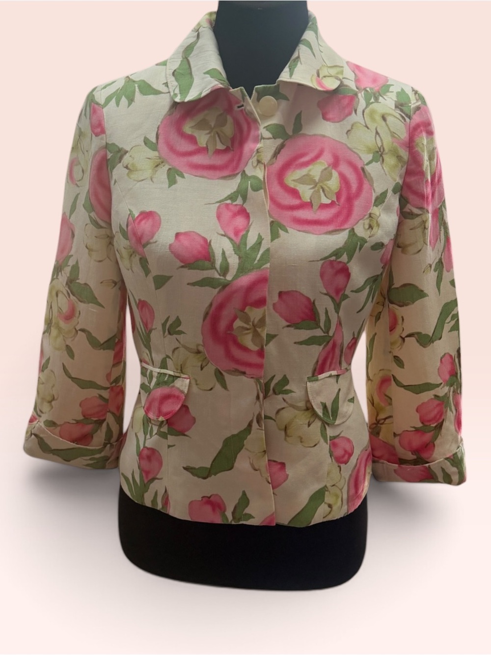 Y2K Ann Taylor LOFT Linen Floral Rose Jacket Blazer Size 4